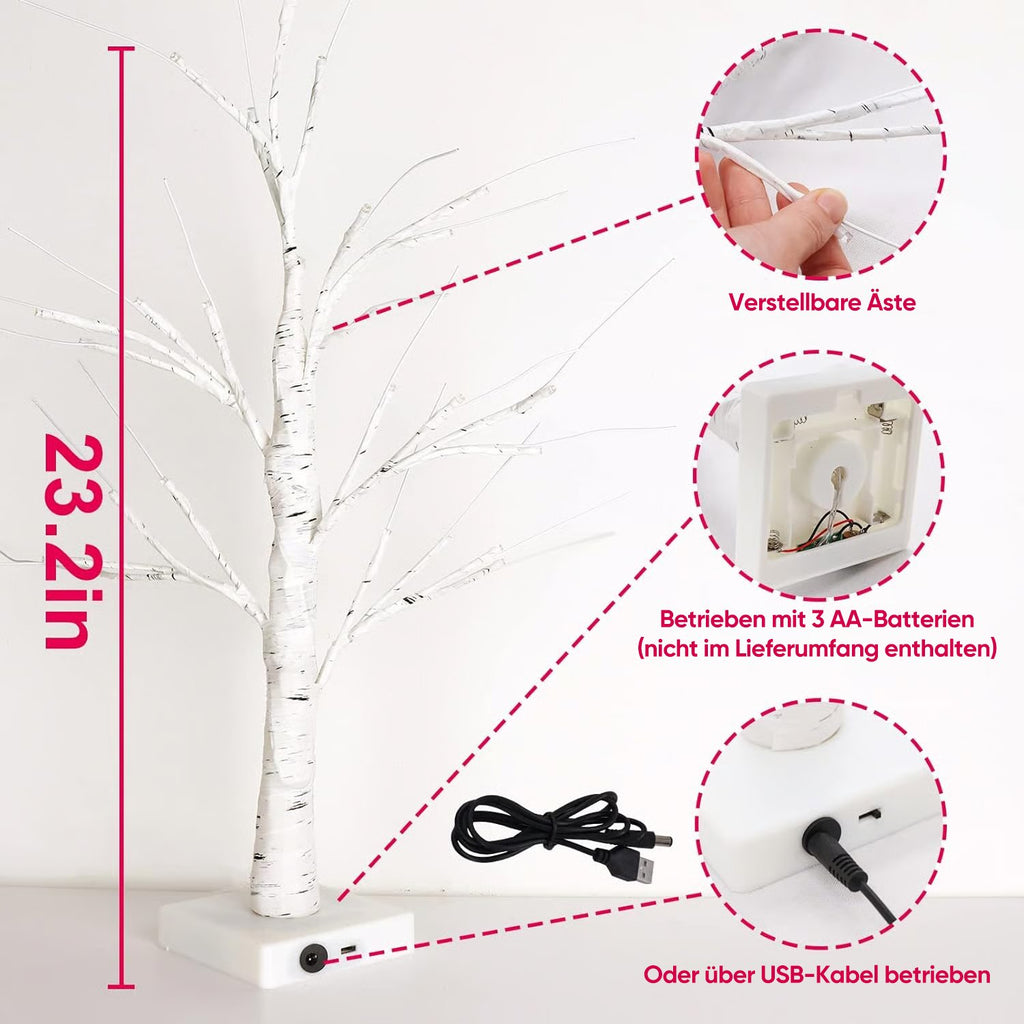 LED-Tischbirkenbaum mit 18 Herzornamenten