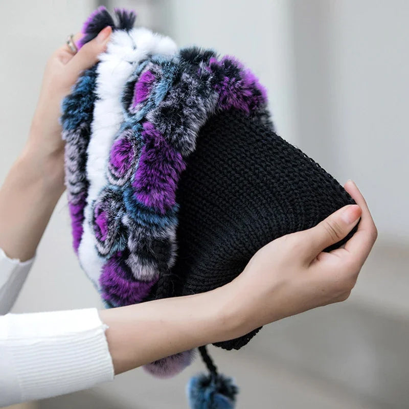 🎁Warme Blumen gestreifte Kaninchenfellmützen