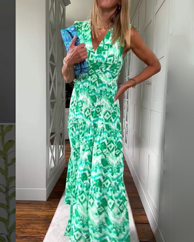 Bedrucktes, ärmelloses Schlitzkleid