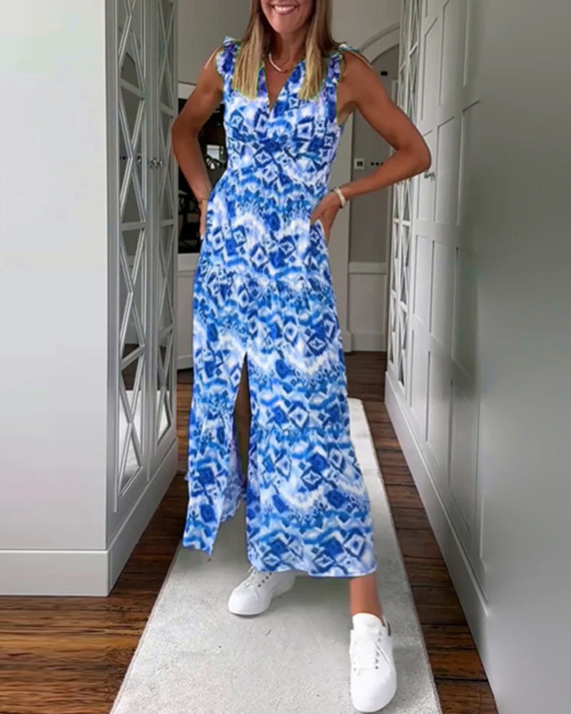 Bedrucktes, ärmelloses Schlitzkleid