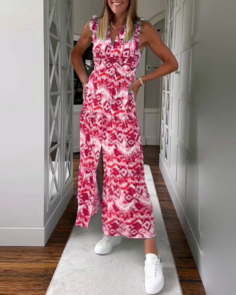 Bedrucktes, ärmelloses Schlitzkleid