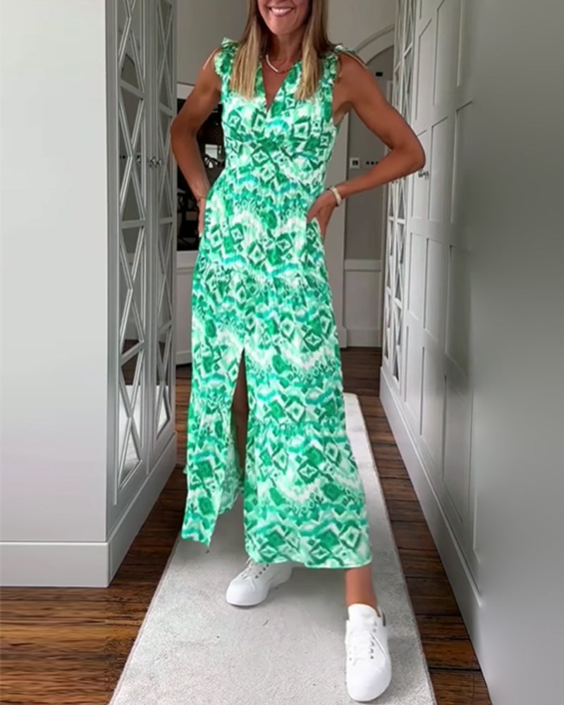 Bedrucktes, ärmelloses Schlitzkleid