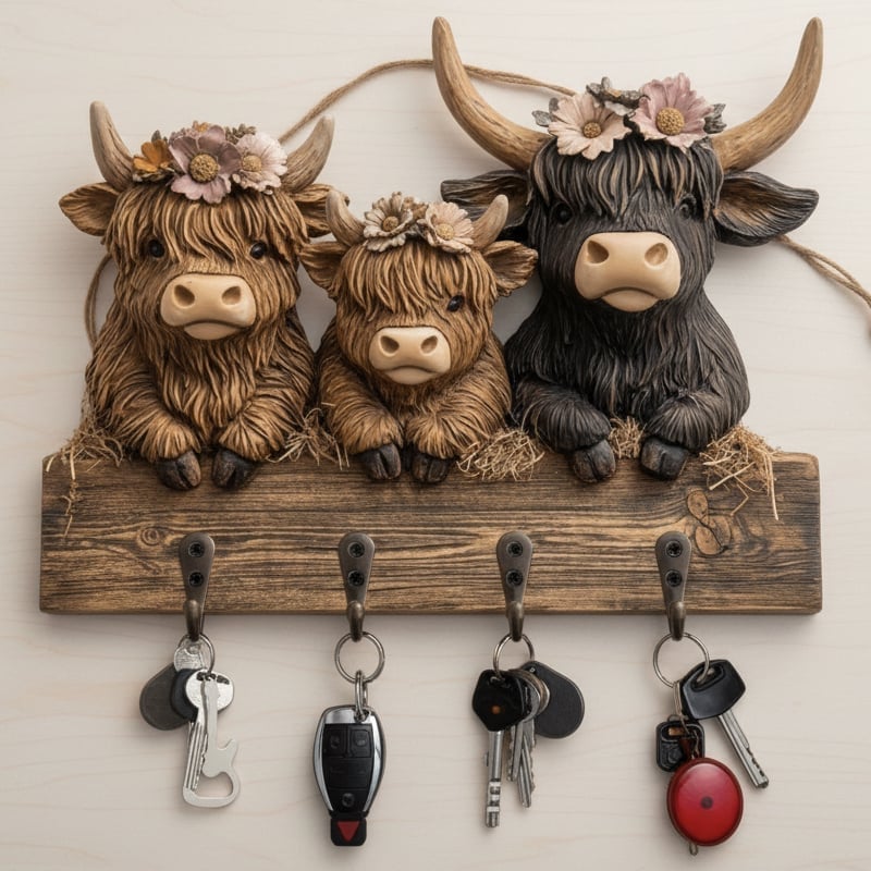 Highland Cow Holz-Schlüsselhalter Deko