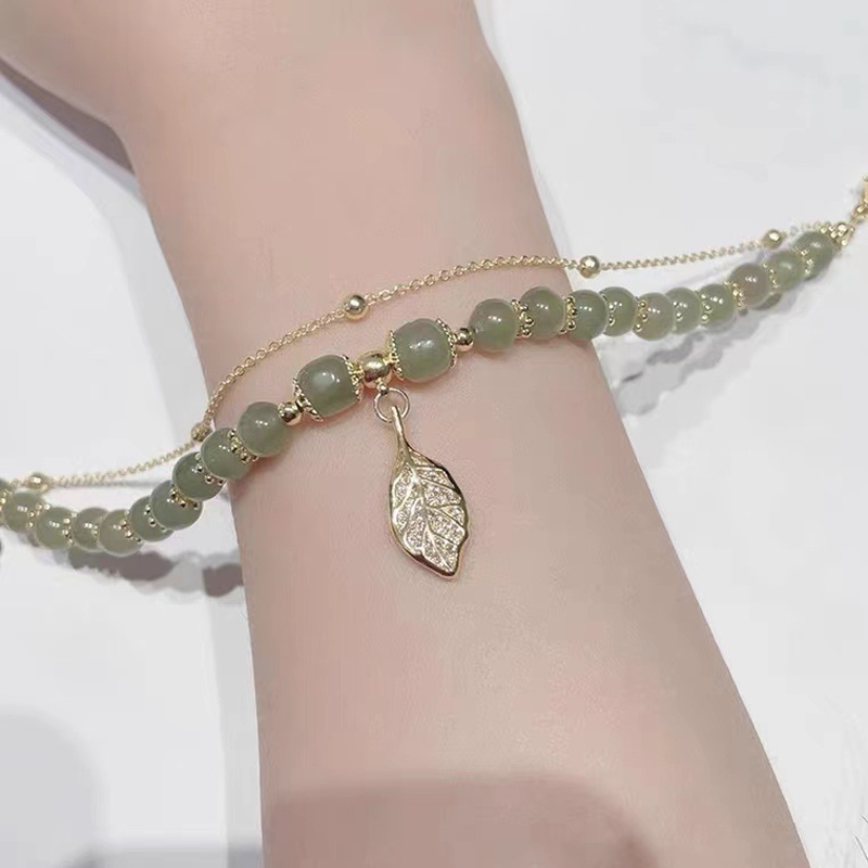 Doppelschichtiges Hetian-Jade-Armband mit Blattanhänger