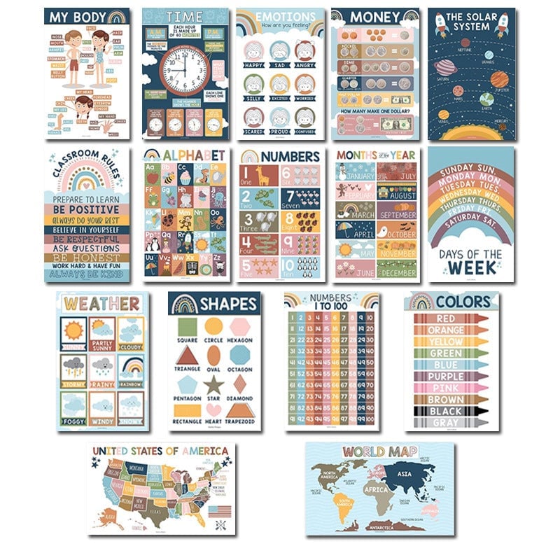 📚Boho Vorschul-Lernposter, 16-teilig
