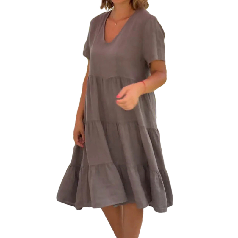 Schlichtes Kleid aus Baumwollleinen mit V-Ausschnitt