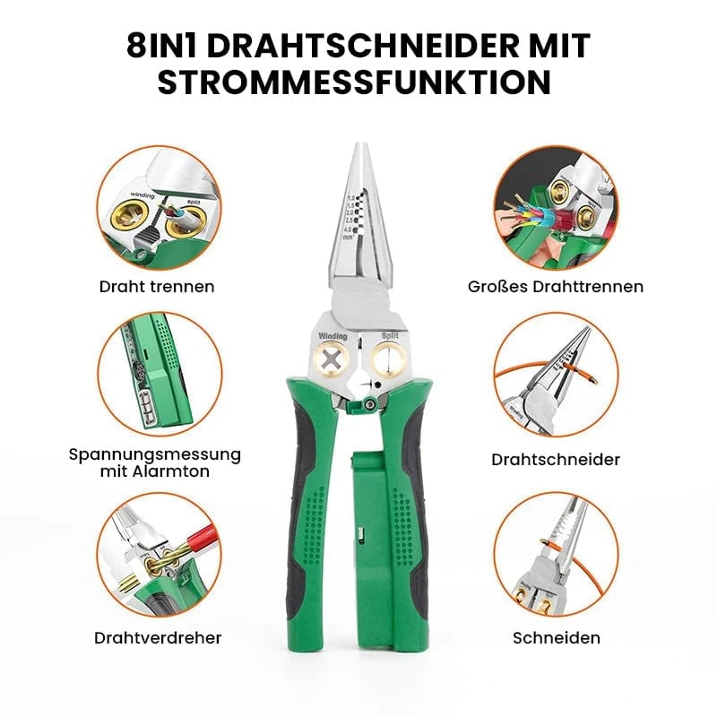 8-in-1 Schwerlast-Drahtabisolierzange mit Spannungsprüfer